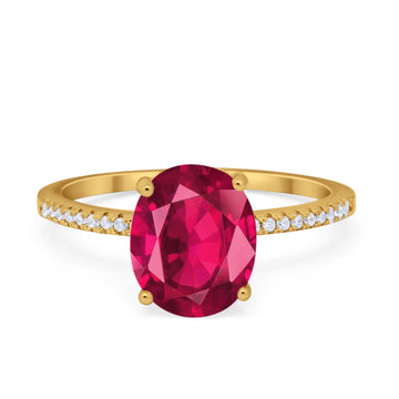 Oval Art Deco Wedding Engagement Ring Yellow Tone, Simulated Ruby CZ 925 Sterling Silver